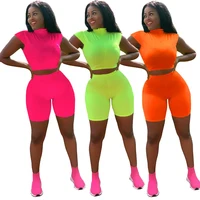 

women solid color zip front bodycon Crop top High Waist Short Pants Two Pieces Outfit Casual Sport Set