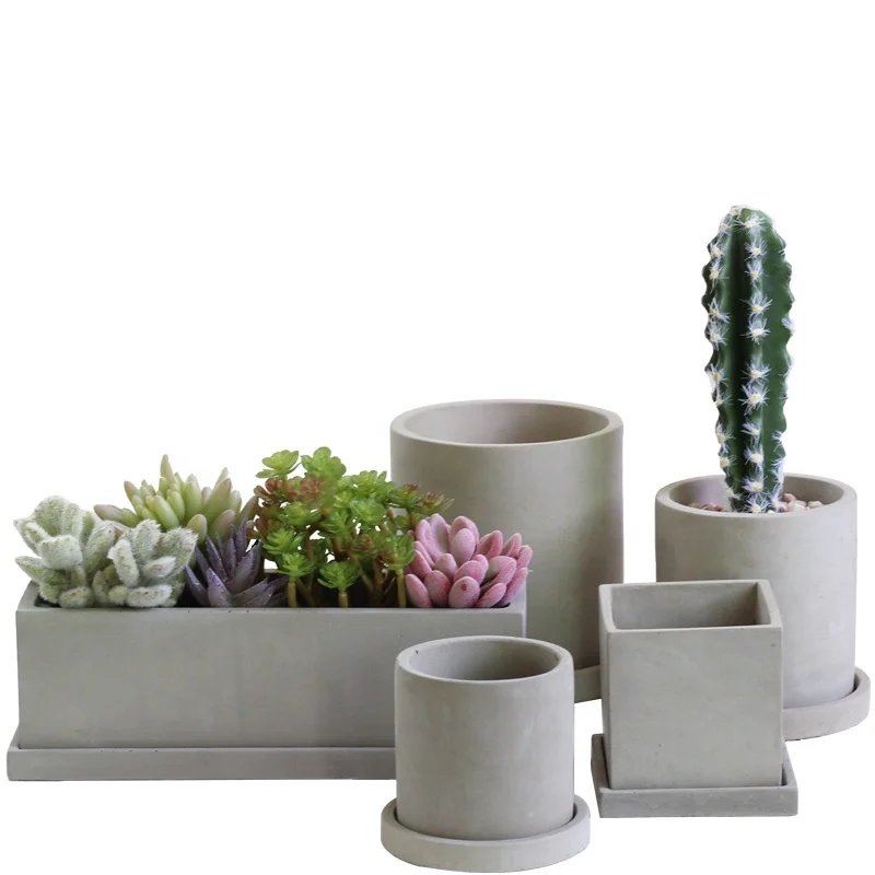 

Rectangular Square cement succulent plant pot flower pot with saucer for green plant, Natural