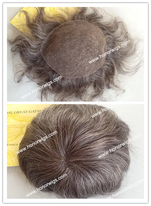 Ht222 Men's Toupee Brown Color Mix 60% Grey Synthetic Hair White Gray 