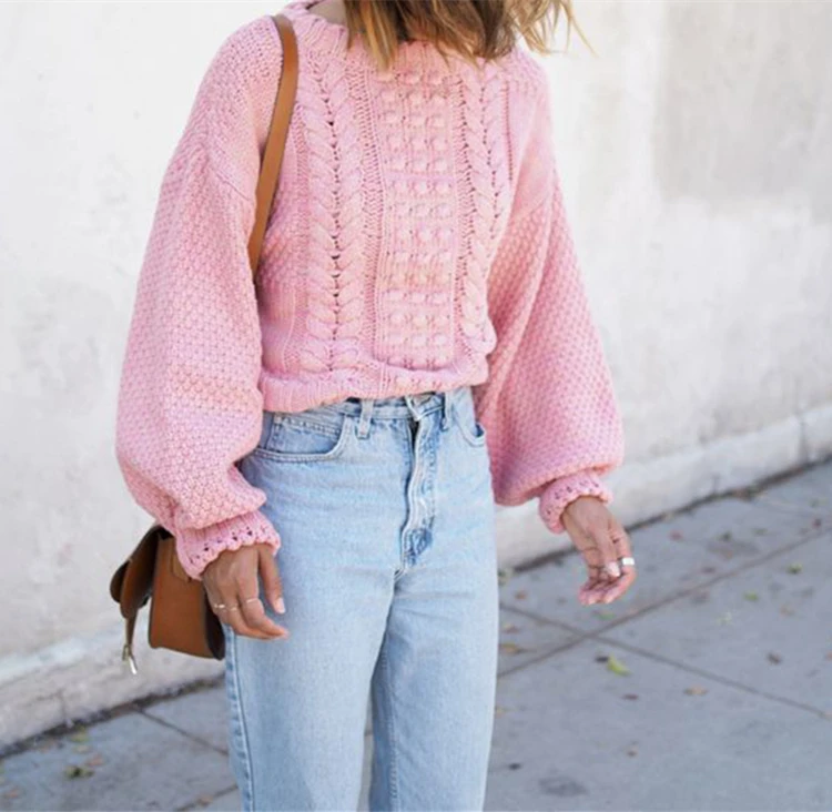 

Latest New Style Lady Loose Pullover Long Sleeve Design Knit Sweater, Pink