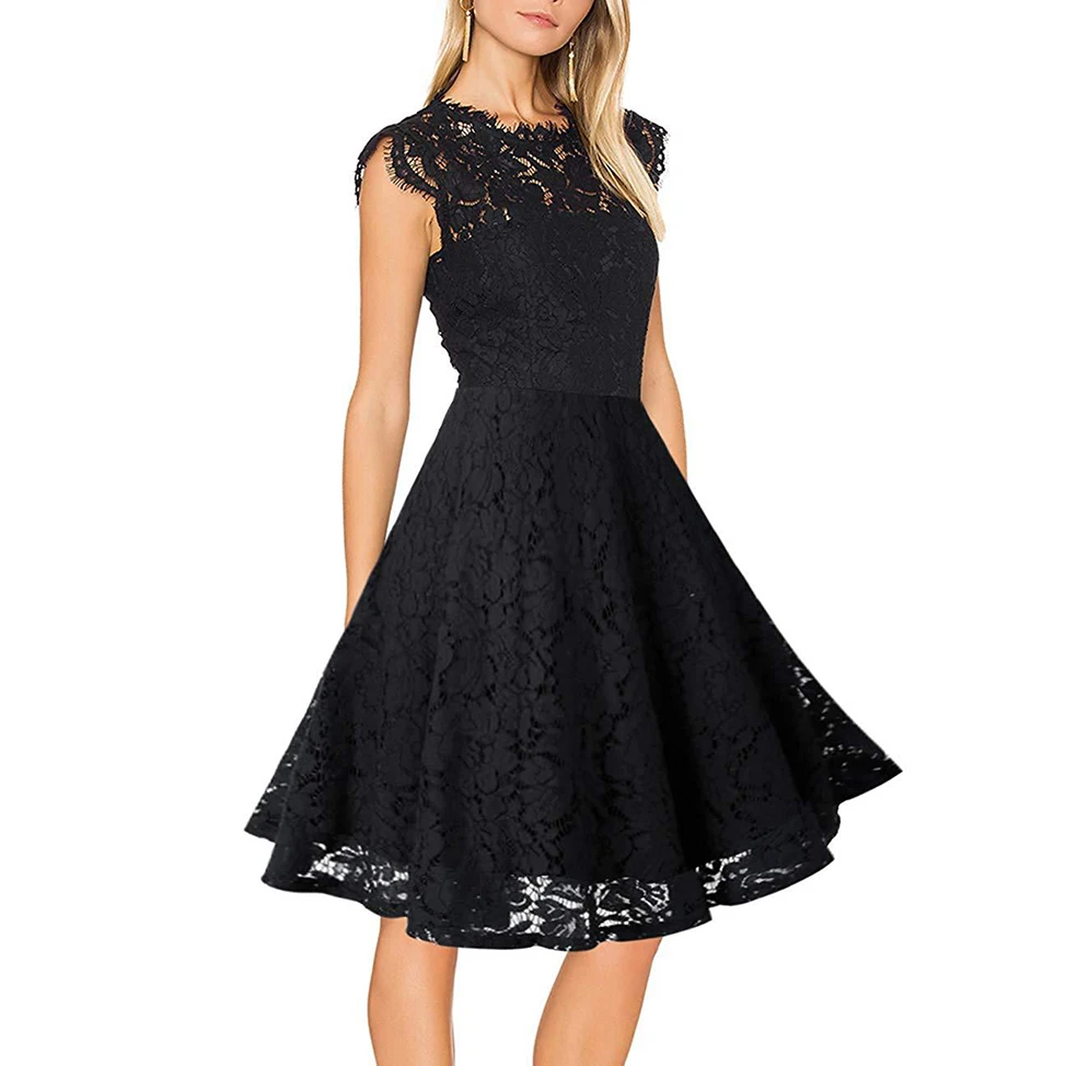 

Wholesaler sleeveless crew neck lace flare black party dress woman with lining, Customized color