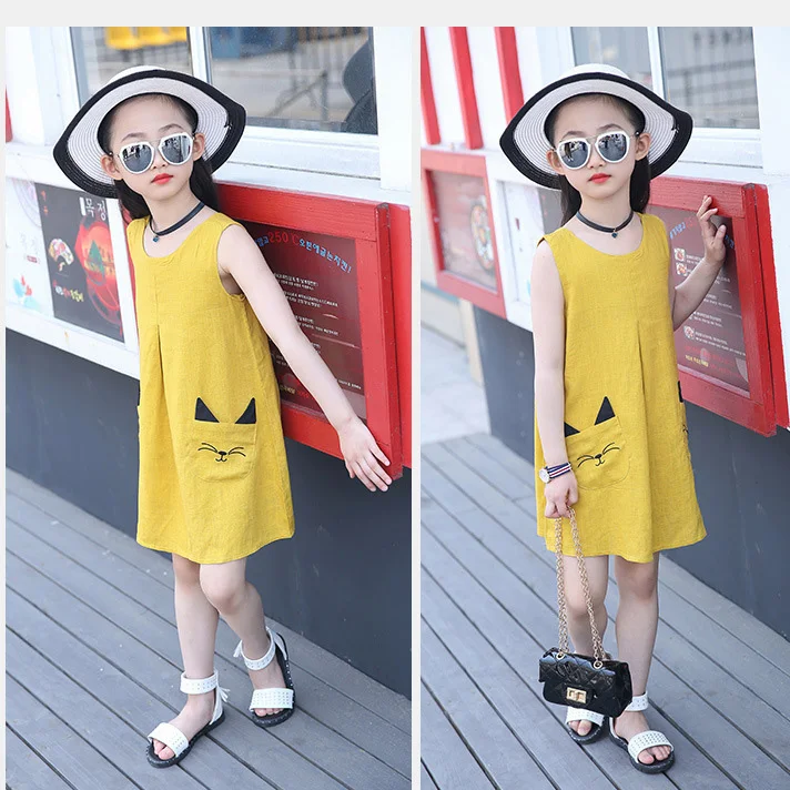 R&H 2019 Pink Cotton Yellow hot Sale New Soft Breathable Summer Sleeveless Casual Beach Girl Dress, As the picture show