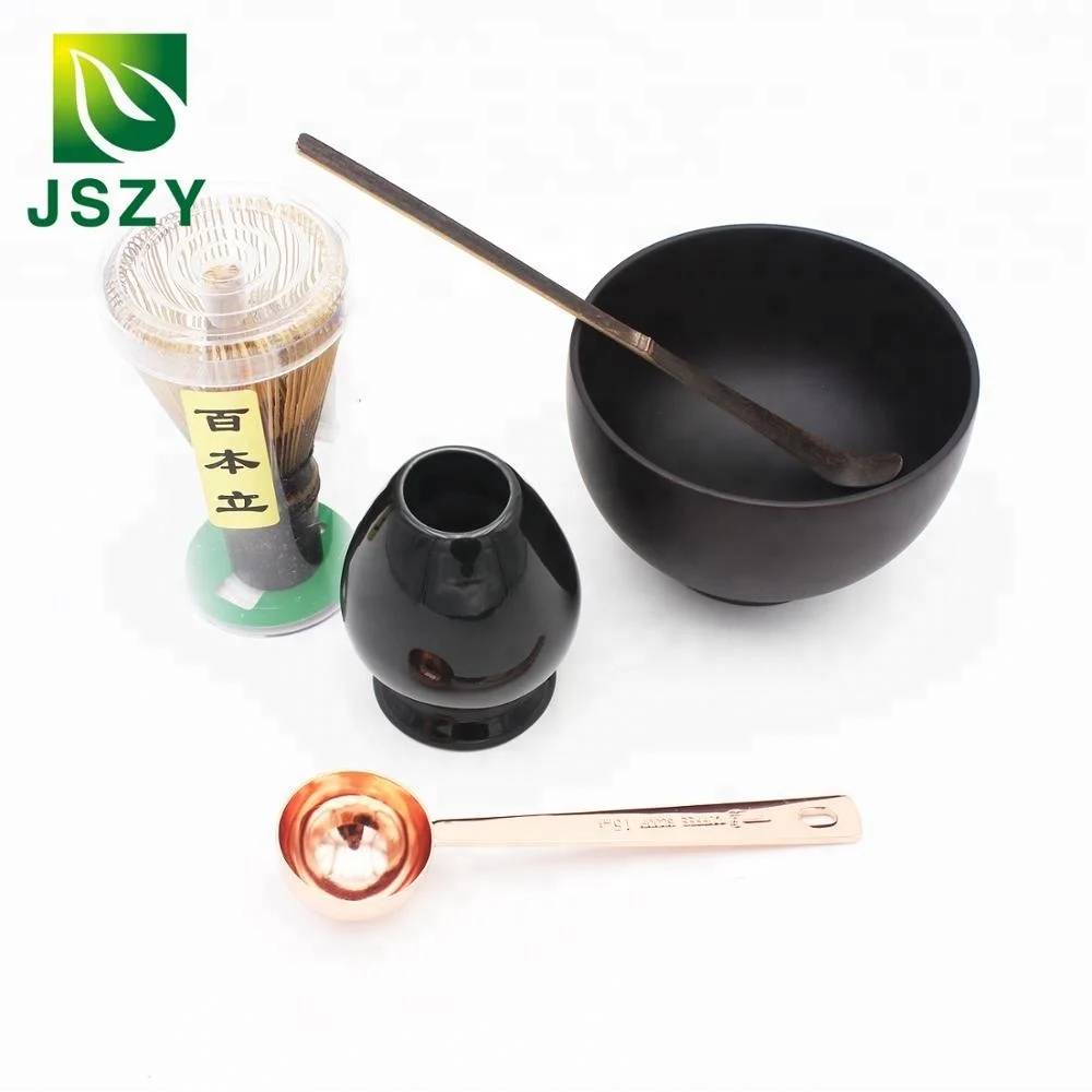 Dark bamboo whisk, spoon, black wooden matcha bowl and matcha holder, matcha gift box