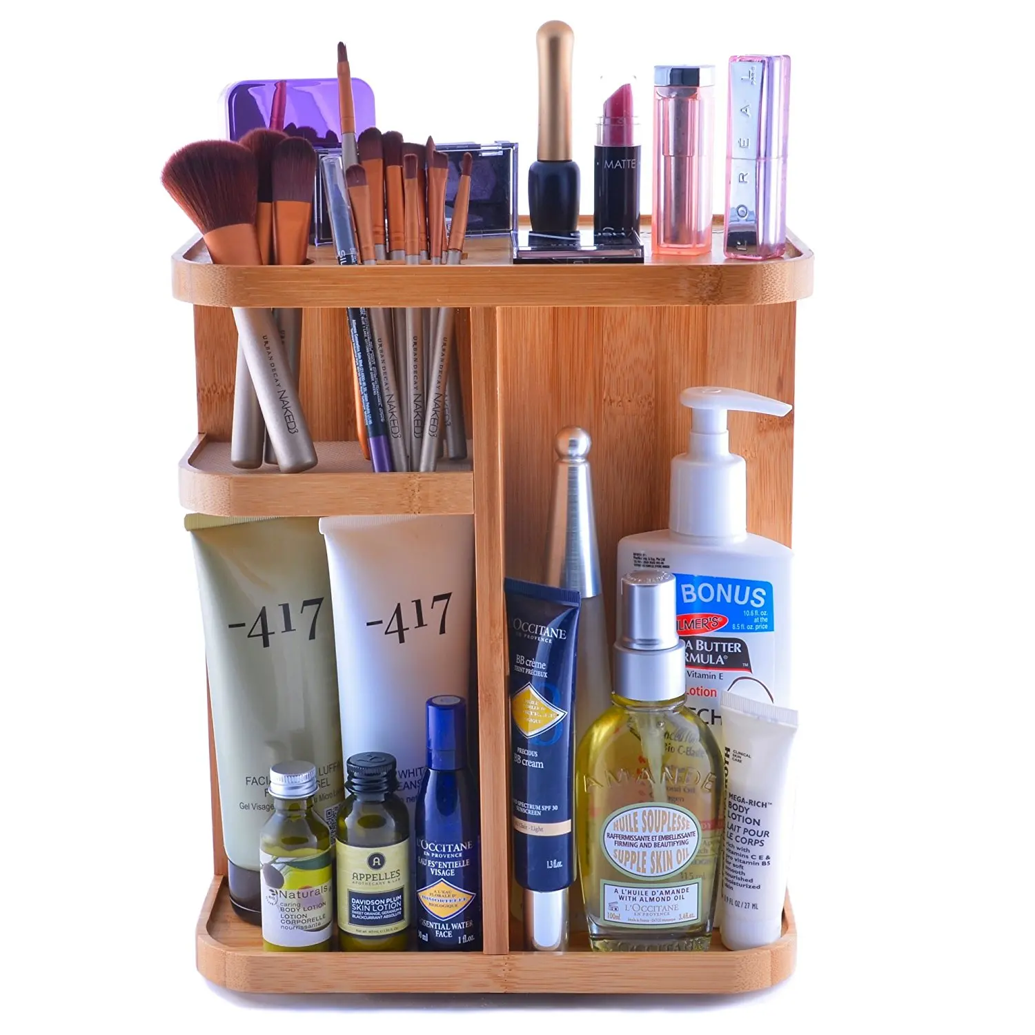 rotating bamboo cosmetic vanity organizer
