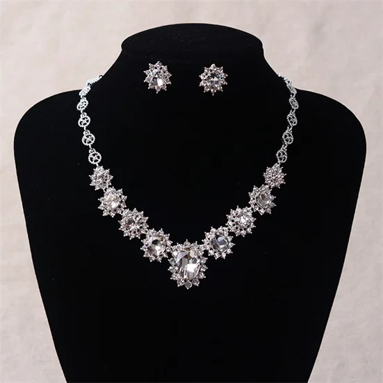 

Wedding Jewelry Set Rhinestone Earrings Necklace Bridal Floral Crystal Jewelry Set