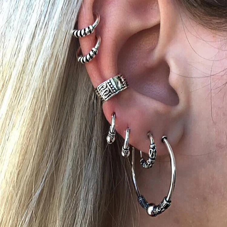 

Vintage Stud Earring Sets for Women Jewelry Silver Color Punk Boho Hoop Alloy Metal Earrings Ear Cuff (KES045), Same as the picture