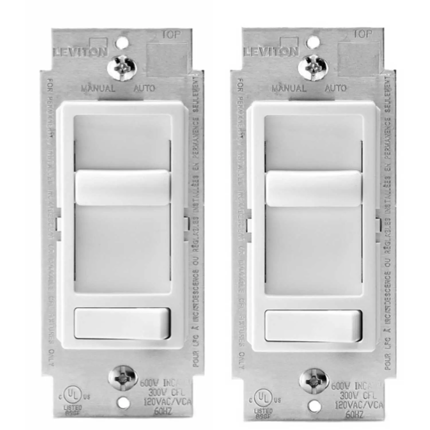 Leviton 6674-P0W SureSlide Universal 150-Watt LED and CFL/600-Watt Incandescent Dimmer, White, 2 Pack