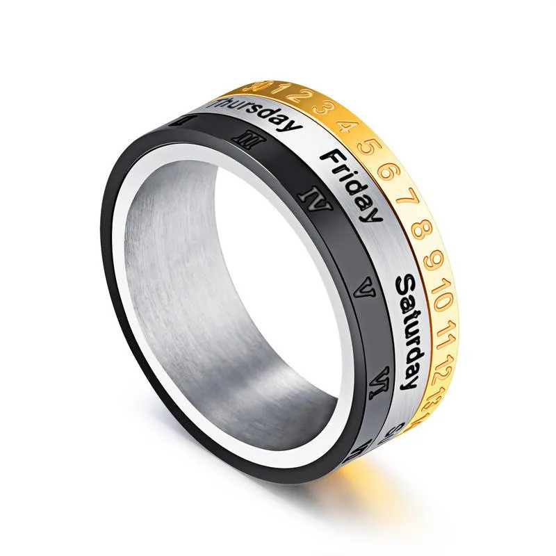 

Vintage Antique Punk Style Roman Numerals Rotated Men Rings Titanium Steel Men Ring, Black and gold and silver