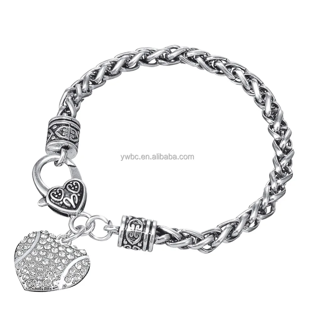 

Love Tennis Heart Shaped Ball Rhinestone Charm Lobst Claw Wheat Chain Bracelets