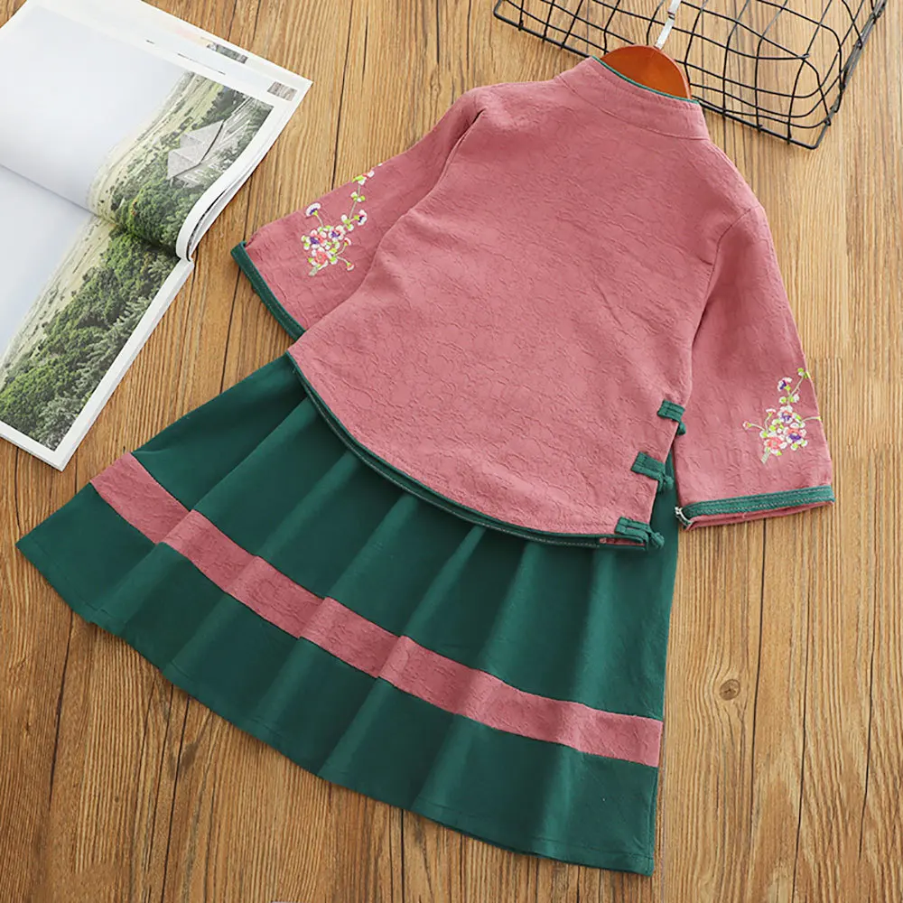 
spring new girl hanfu Chinese traditional style children modified ethnic cotton vintage two-piece tang suit 