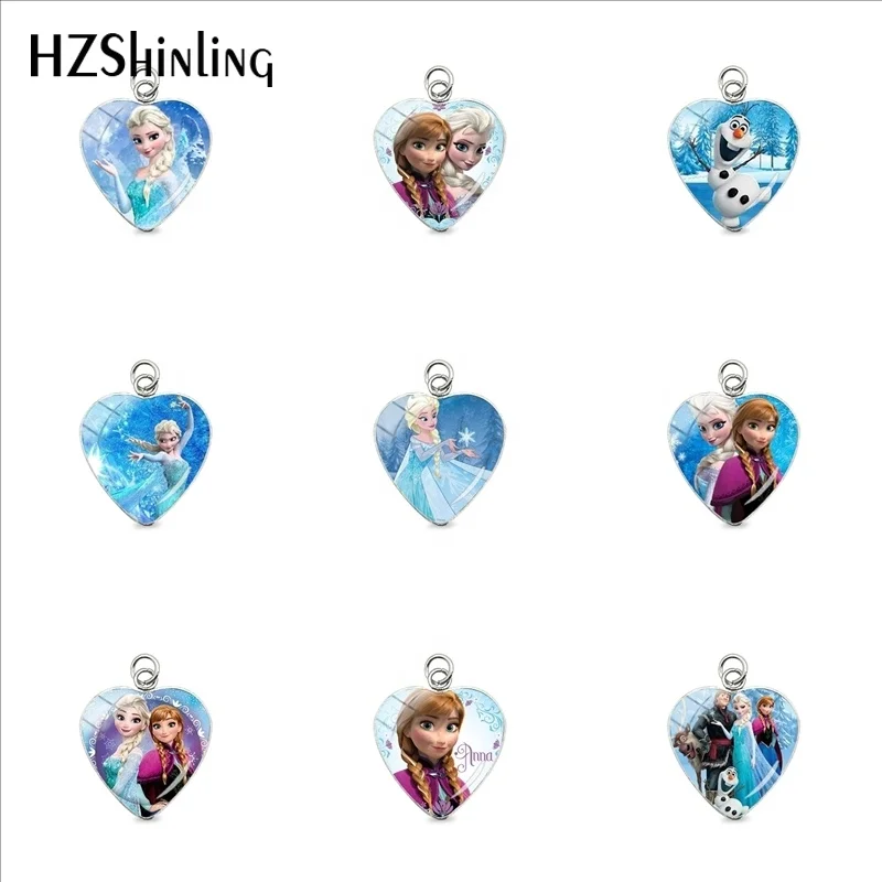 

2019 Girls Kids Fashion Snow Queen Princess Elsa Anna Glass Cabochon Heart Charms Jewelry Stainless Steel Plated Pendant Gifts