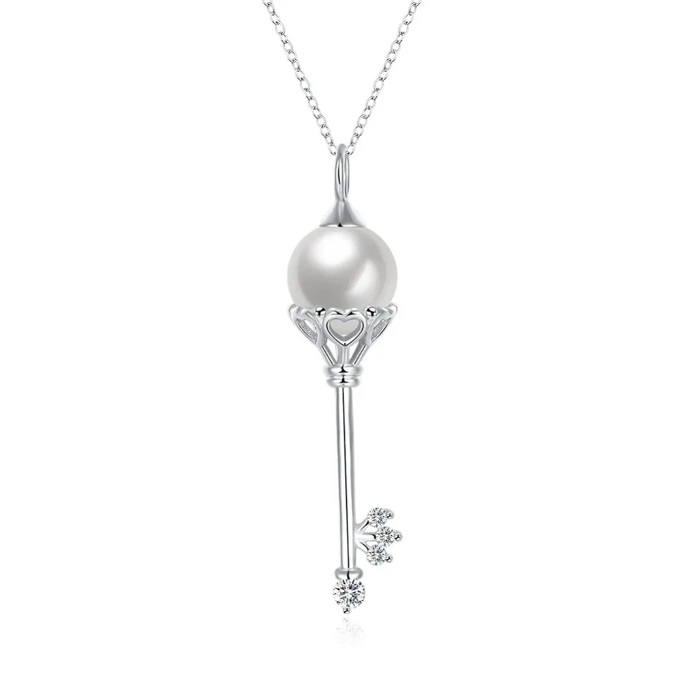 

Heart Key Shape Jewelry 925 Sterling Silver High Quality Pearl Dainty silver Pendant Necklace, White