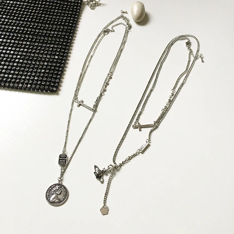 

new fashion silver vintage old Saturn cross necklace multilayered beauty head coin clavicle chain necklace female women, Picture