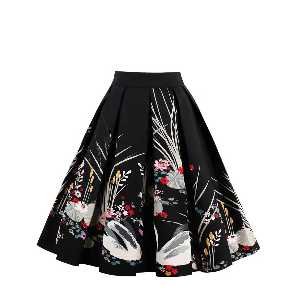 

Wholesales Women Lady Big Girls Dresses Party Cocktail Retro Vintage Swing Dress Swan Print Vintage Midi Pleated Skirt