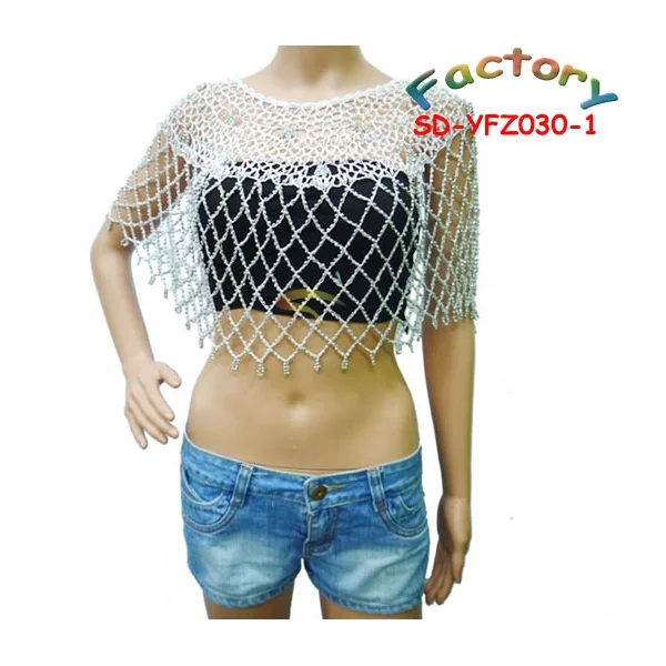 

Womens Cloak Diamond Pattern Crocheted Top For Silver Beaded Blouse, White