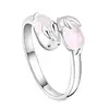 Sweet and Lovely Rabbit Ring Girl Powder Crystal Silver Ring rose Quartz Stone Adjustable Ring