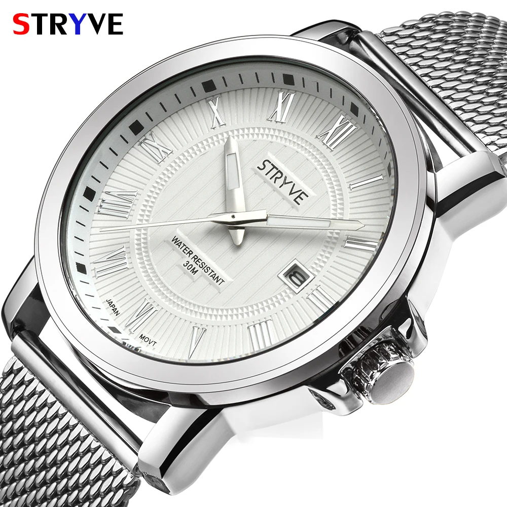 

Top Brand Luxury Full Stainless Steel Minimalist Fashion Male Business Calendar Clock 30m Waterproof Stryve Mens Luxury Watch