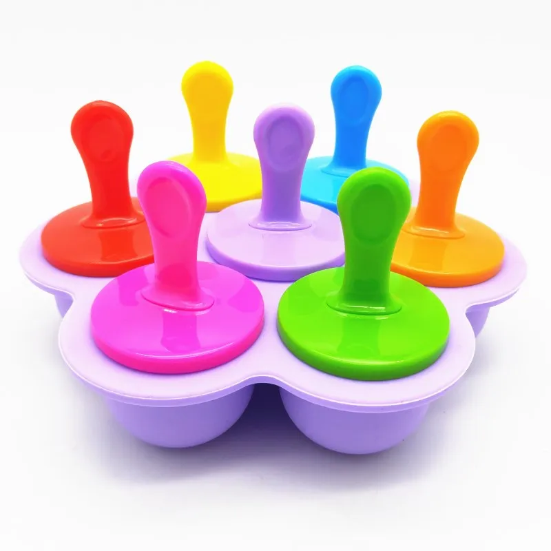 

Reusable Small Size 7Holes Handmade Silicone Egg Bites Mold With Sticks Baby Food Container, Blue,green and purple