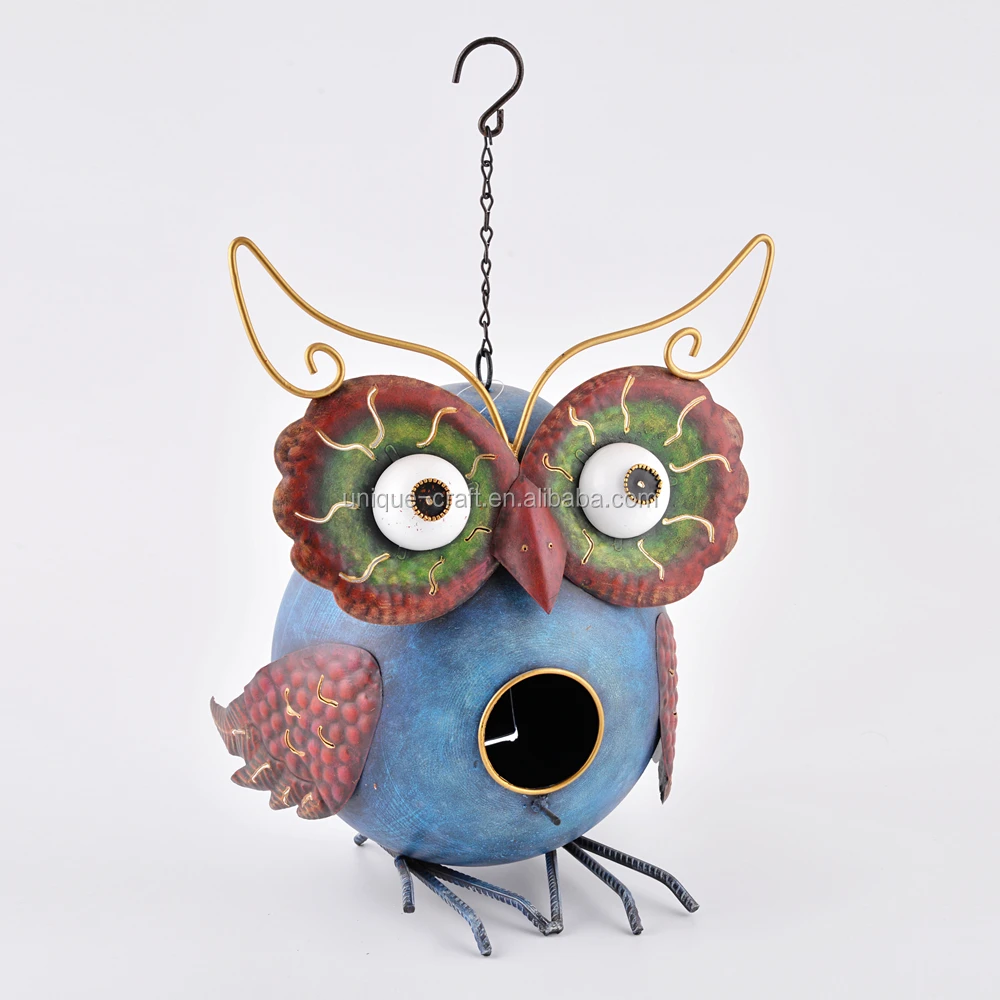 Owl Animal Shaped Hanging Metal Decorative Antique Bird House for Garden Decoration