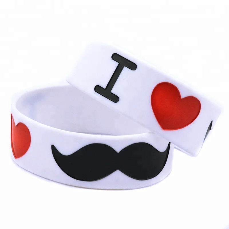 

25PCS 1 Inch Wide Fashion Decoration Logo I Love Mustache Silicone Wristband, Black, white