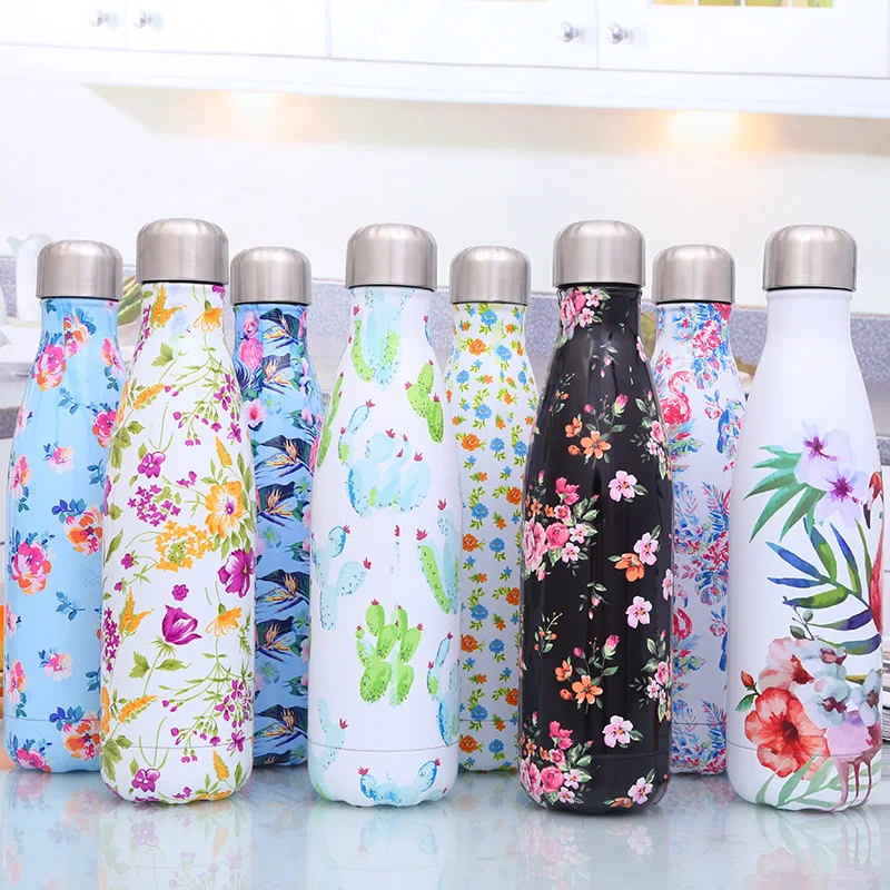 

A45 500ML print floral flamingo galaxy Cola Shaped Vacuum Insulated Travel Double Walled Stainless Steel coke Water Bottle Cup
