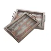 Handmade Set of 2 Country Rustic Whitewashed Brown Wood Finish Rectangular Nesting Serving Trays with Metal Handles