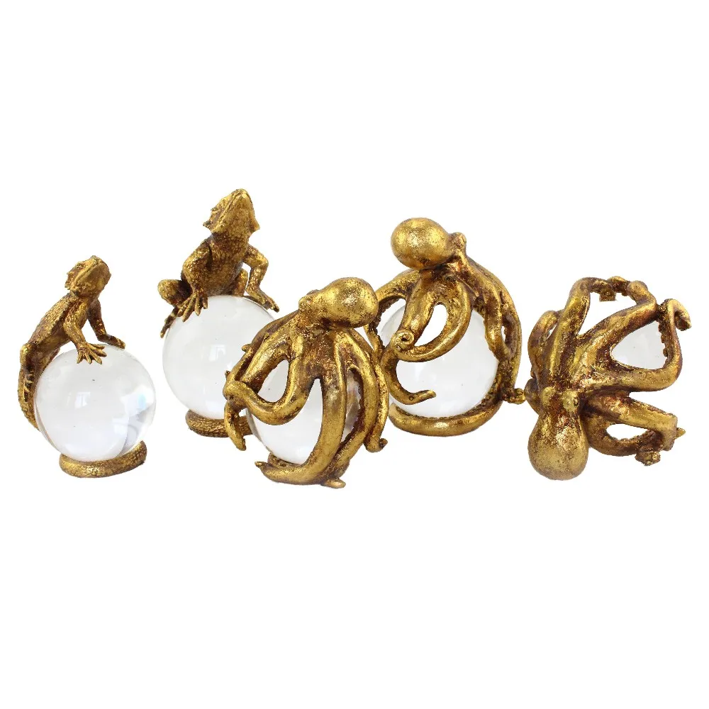 Resin Gold Animal Leopard Monkey Snake Statues with Crystal Ball Home Decor details