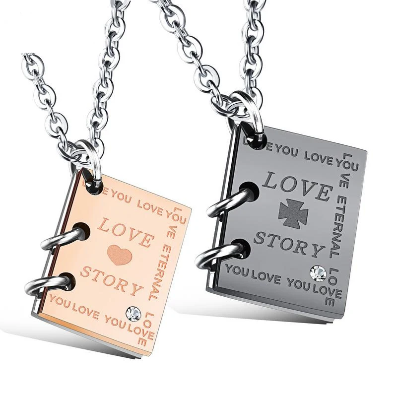 

Wholesale New Design Couple Matching Stainless Steel LoveStory Book Shape Pendant Couple Necklace, Silver