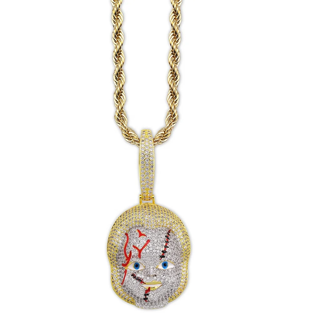 

Iced Out Hip Ho Personalized Chucky Charm Pendants Necklace For Mens Gift, Gold