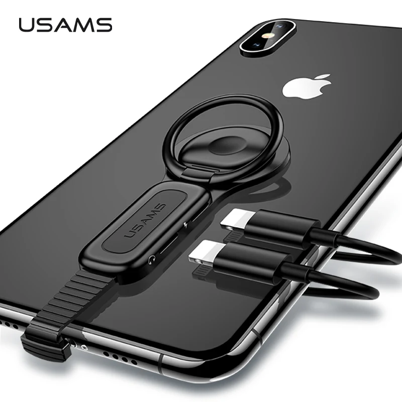 

USAMS Dual for Lightning to 3.5mm Audio Adapter Finger Ring Holder 2 in 1 To 3.5mm Headphone Jack AUX Splitter For iPhone Xs