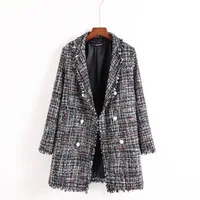 

Fashion British Blazer hot sell high quality double-breasted checked tweed blazer woman Trench buttons long Tweed jacket coat