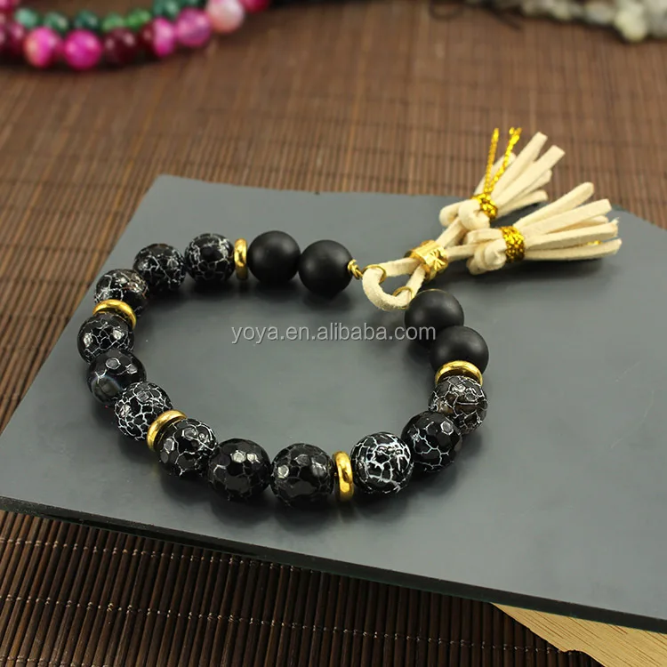 

men bracelet adjustable matte black agate stone and gold copper tassels bracelet