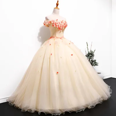 
HQ178 Appliqued Flowers Ball Gown Quinceanera Dress Puffy Long Evening Party Dress Off Shoulder Tulle Yellow Prom Dress 