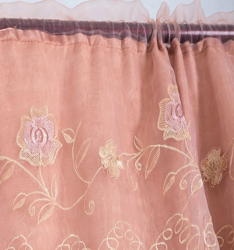 Hot Selling Embroidered Floral Pattern Lace Curtains With Valance Blush