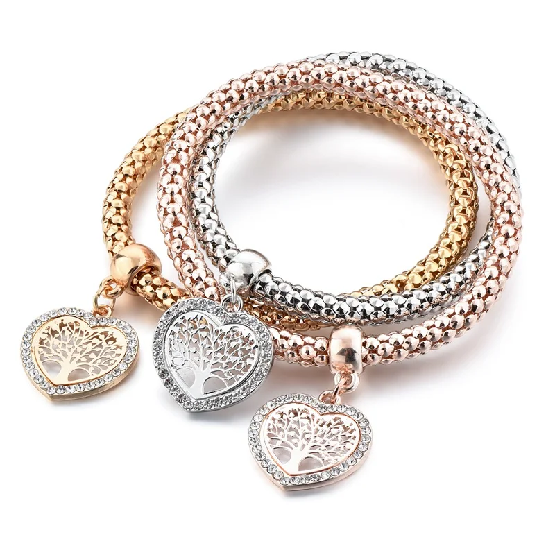 

Stretch Bracelets 3pcs Gold Silver Plated Charm Luxury Multilayer heart Life Tree Corn Bracelet for Women, As photo
