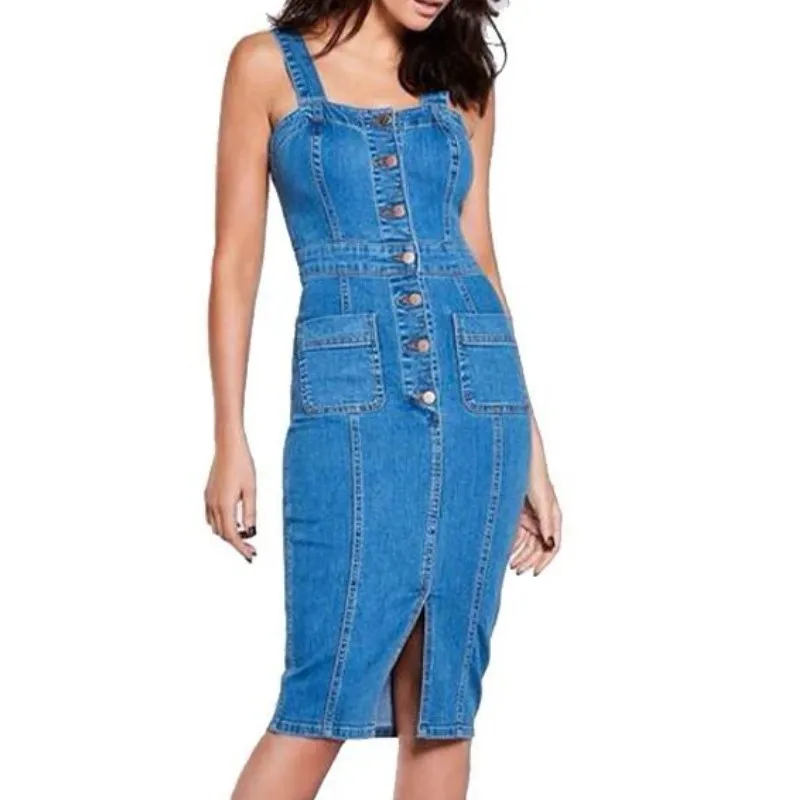 

YSMARKET Sexy Blue Denim Summer Dress Women Slim Fit Vintage Pocket Button Slit Bodycon Jeans Midi Dresses Casual Cowboy E766