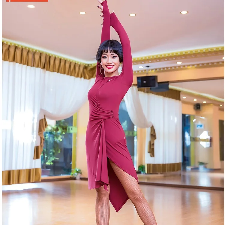 

Latin Dance Dress Long Sleeve Irregular Skirt Lady Ballroom Tango Dresses Cha Salsa Clothes For Women Latin Practice Wear DN1505, Black;red;caramel colour