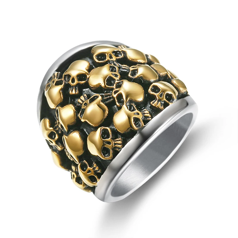 

Punk 316L Stainless Steel Gold Color Messy Skeleton Lot Heads Skull Ring Biker Halloween Jewelry for Male Fashion Gift
