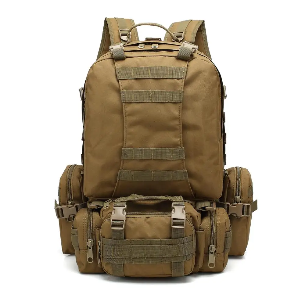 

Free Sample 55L Large Capacity Mountain Climbing bag Combined Combat Rucksack Tactical Military Backpack with 3 MOLLE Bags