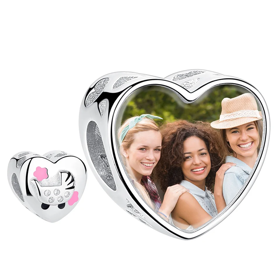

Fashion 925 Sterling Silver Charm Love Heart Shape Baby Chair Custom Photo Charm Beads fit Bracelet Jewelry