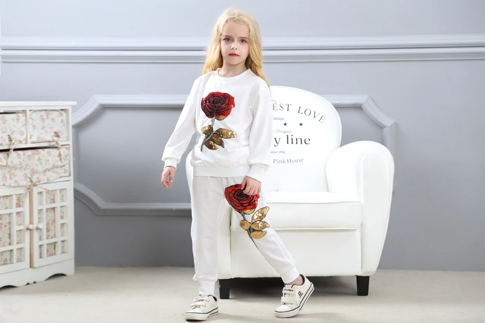Aile Rabbit 2019 Spring Autumn new parent-child mother clothes girls set sequins rose sweater sweat pants girl set