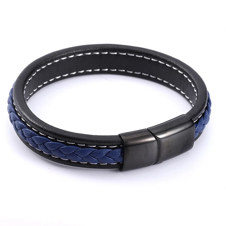 

Stars Forever Magnetic Clasp Blue and Black Color Braided Leather Men Style Festival Bracelet