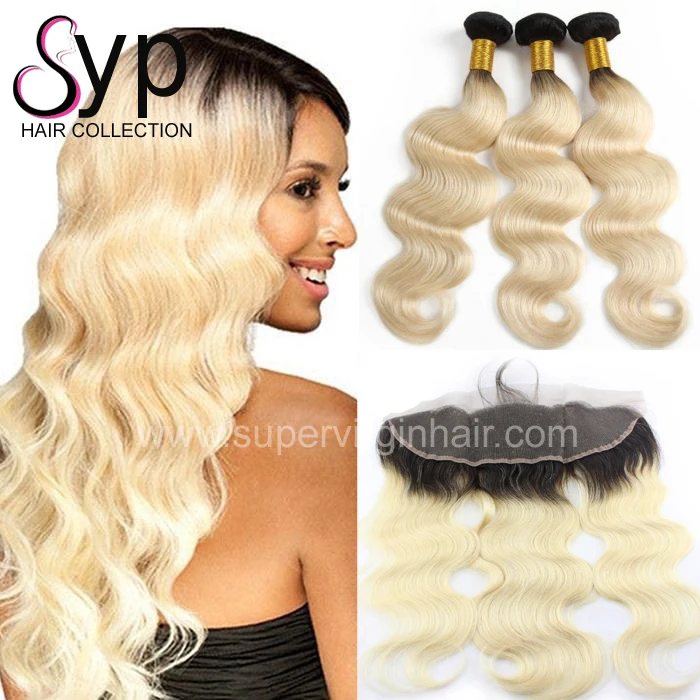 

3 Bundles 1B 613 Body Wave with 1 Piece 13x4 Swiss Lace Frontal, Natural Black Dark Root to Honey Blonde Human Hair Extensions
