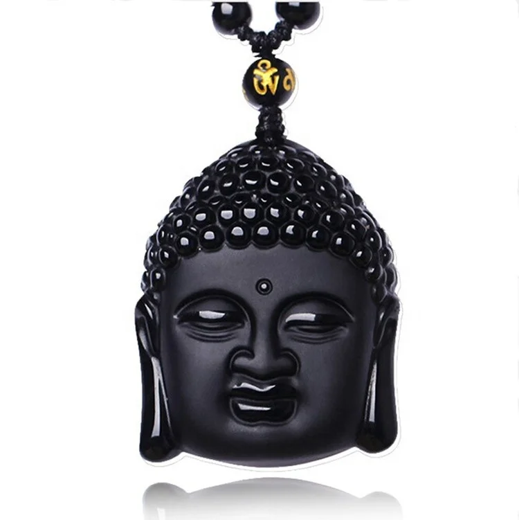 

Women Men Religion Obsidian Sakyamuni Buddha Pendant Necklace for gift, Black silver