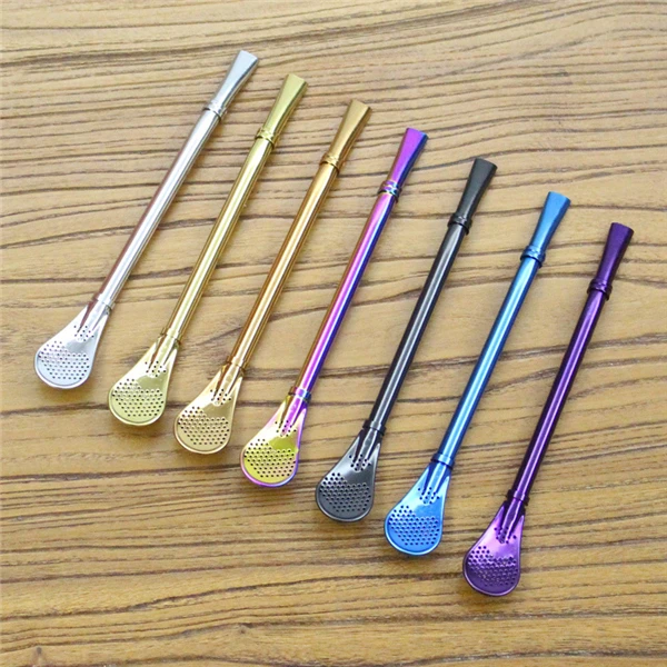 

Stainless steel filter pipette spoon coffee milk tea stirring spoon color creative drink straw tea straw spoon