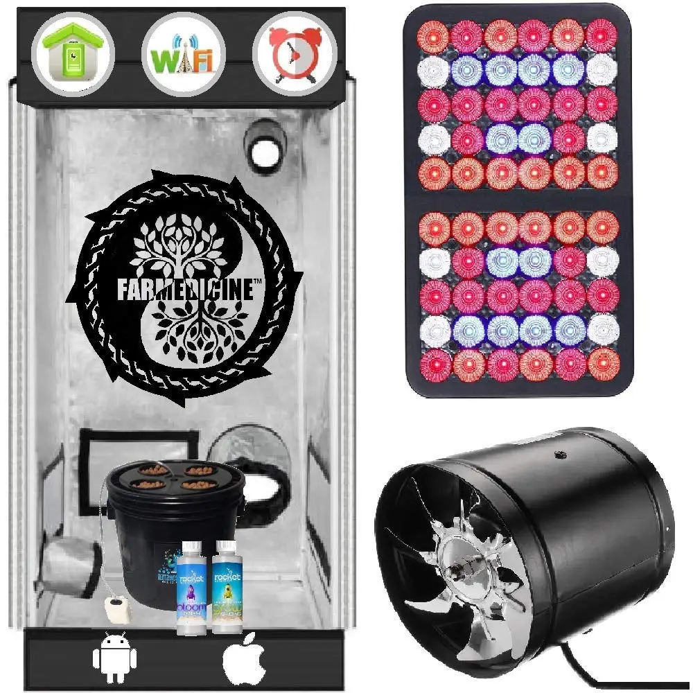 Farmedicine WiFi Smart Hydroponic Grow Kit - 24L × 24W × 48H (Inch) Indoor Greenhouse Grow Tent/Smart 4 Site Hydroponic Pump & Reservoir/Smart 600W LED Grow Light/Smart 4 Inch Inline Duct Fan
