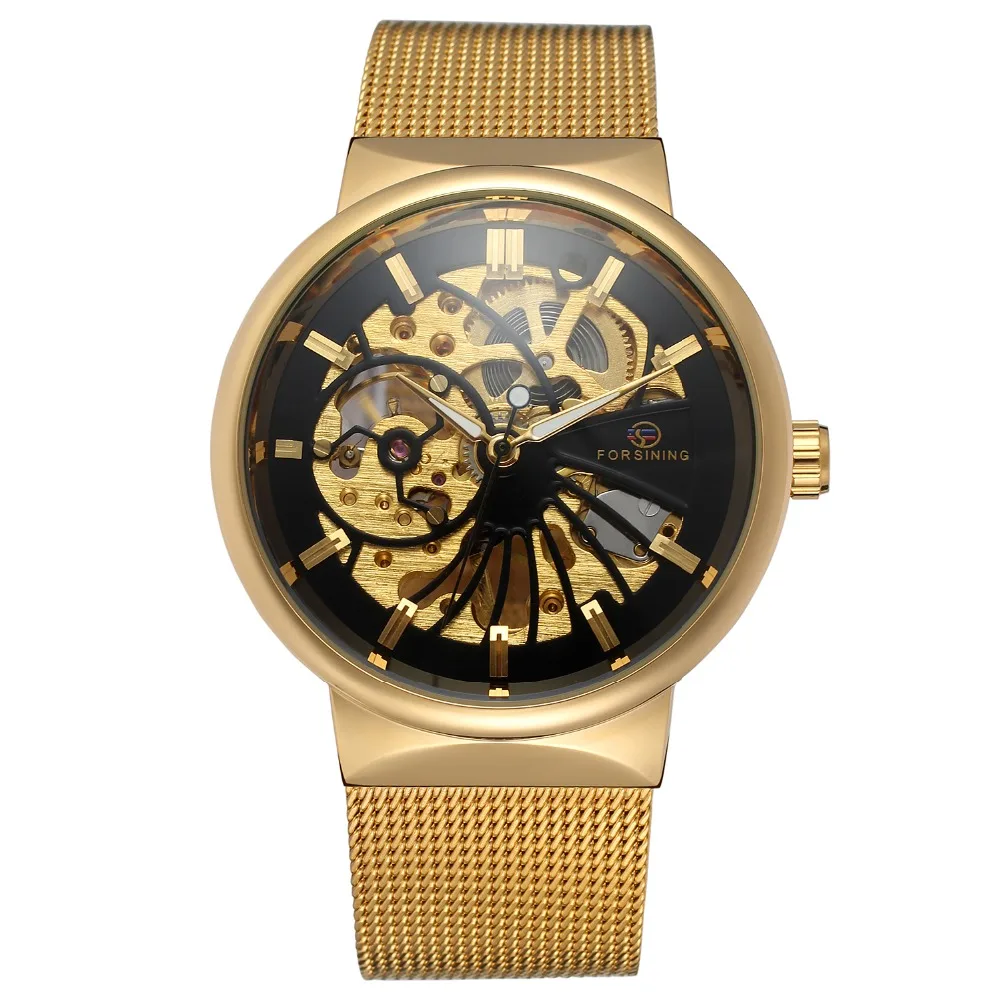 

2019 Fashion Men Gold Color Automatic Skeleton Watch With Mesh Band