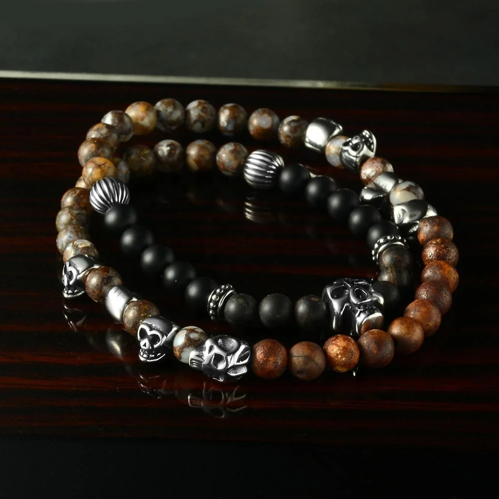 

REAMOR Natural Matte Black Onyx Bead Elastic Bracelet Stainless Steel Skull Charm Bead Buddha Head Lion Beads Bracelet for Mens