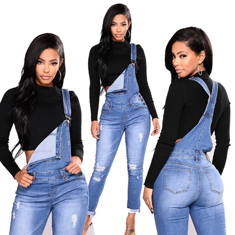 70-8075 Wholesale Custom Fashion Elastic Long Bib Pants Ripped Women Denim Jumpsuit