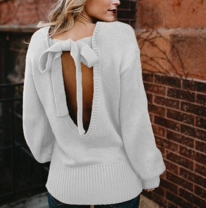 

E16 SWYIVY Woman Sweater Clothing Sexy Back Hallow Bow 2018 Autumn Winter New Female Knitwear Clothing Ladies Backless Sweaters, N/a